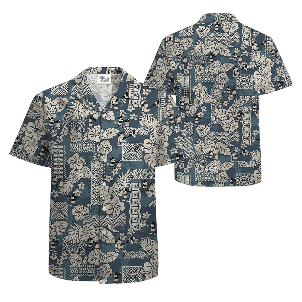 Vintage Hibiscus Steamboat Willie Mickey Navy Hawaiian Shirt