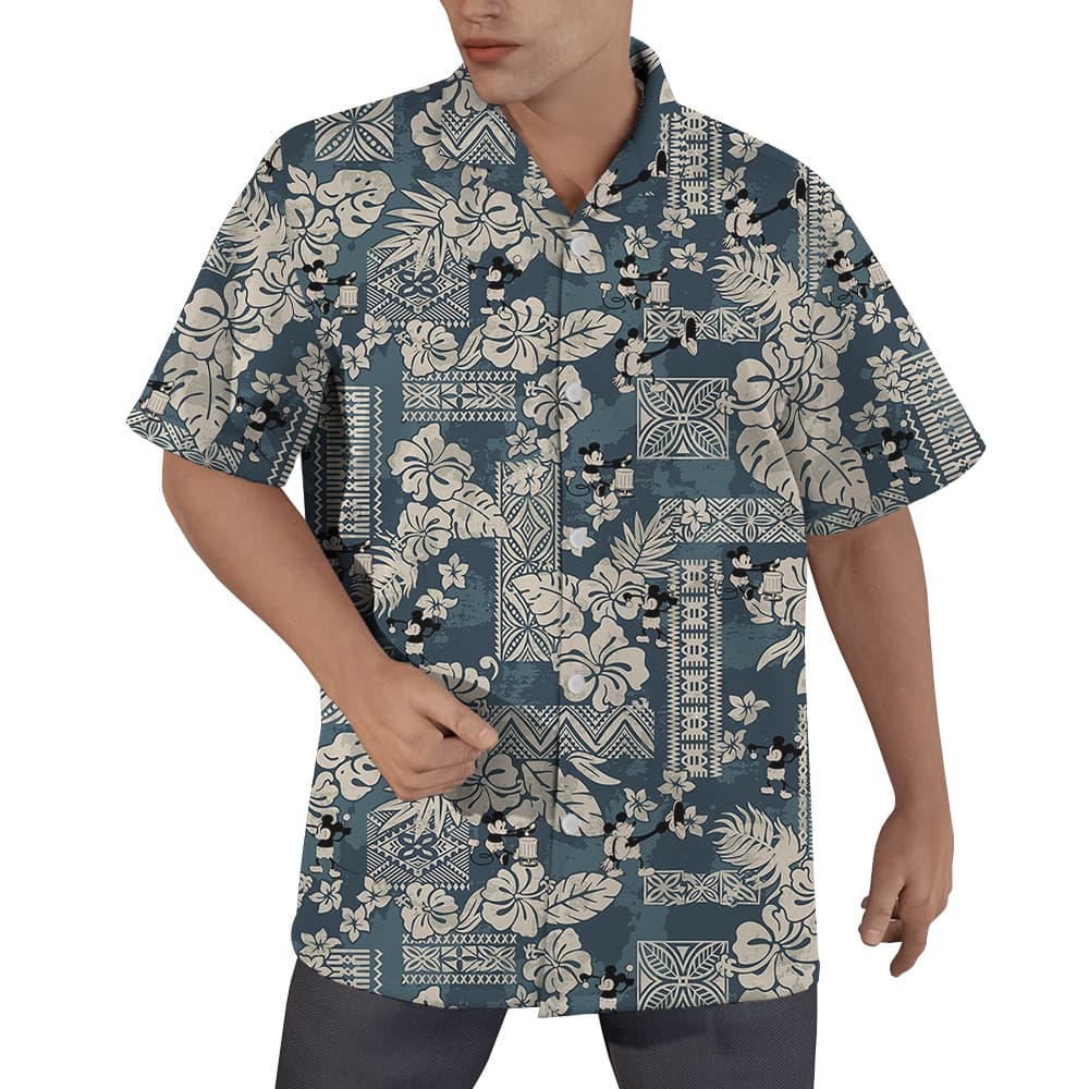 Vintage Hibiscus Steamboat Willie Mickey Navy Hawaiian Shirt (5)