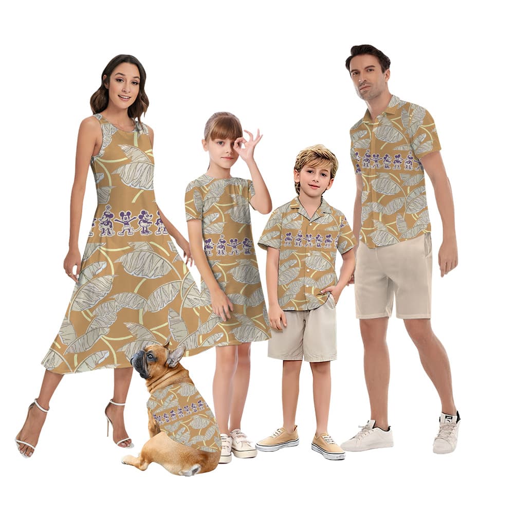 Vintage Mickey Minnie Steamboat Willie Tropical Leaves Family Matching Hawaiian Outfits