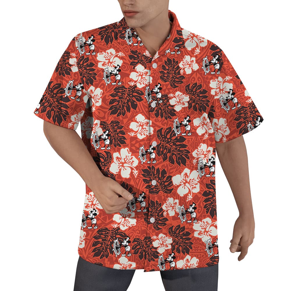 Vintage Mickey Mouse Steamboat Willie Hibiscus Orange Hawaiian Shirt (1)
