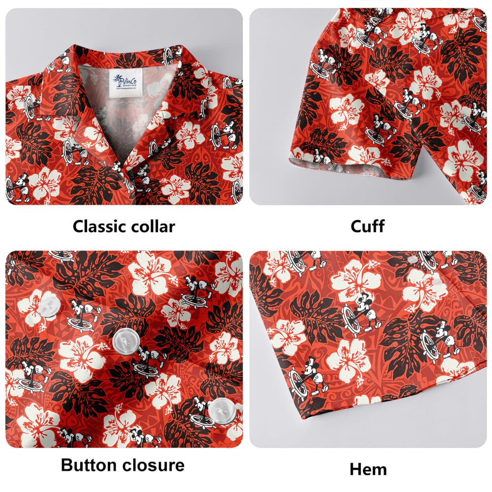 Vintage Mickey Mouse Steamboat Willie Hibiscus Orange Hawaiian Shirt