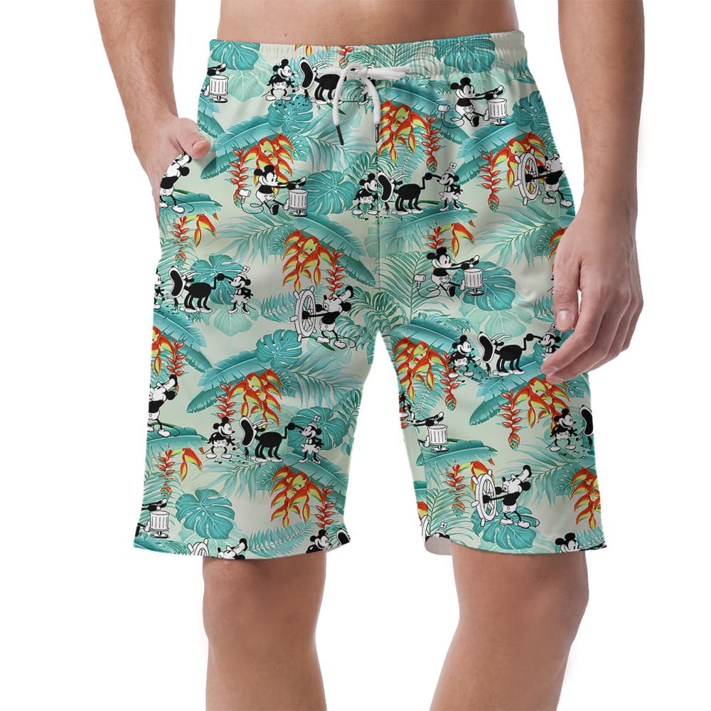 Vintage Mickey Steamboat Willie 1928 Tropical Leaves Hawaiian Beach Shorts For Men