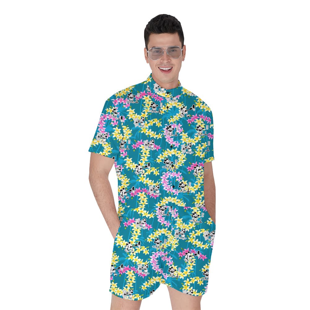Vintage Mickey Steamboat Willie Floral Palm Trees Hawaiian Romper For Men