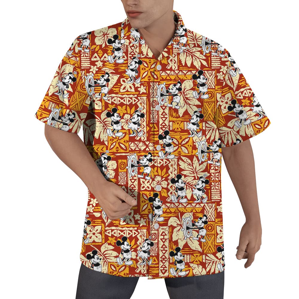 Vintage Mickey Steamboat Willie Tapa Hibiscus Orange Hawaiian Shirt (2)