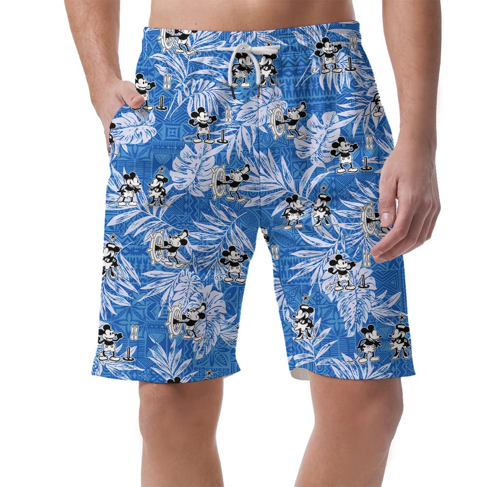 Vintage Mickey Steamboat Willie Tropical Blue Men's Hawaiian Shorts