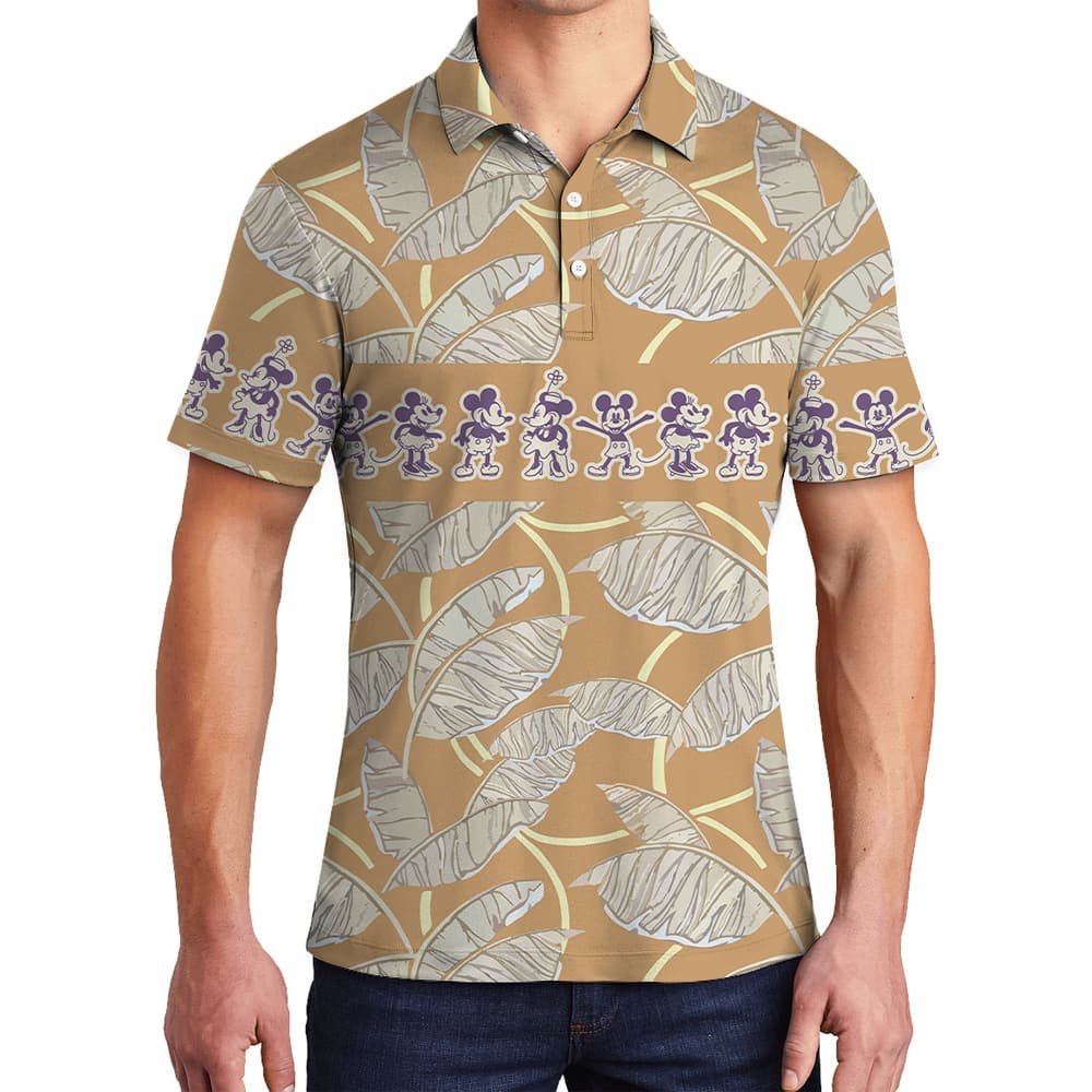 Vintage Mickey Steamboat Willie Tropical Leave Hawaiian Polo Golf Shirt For Men