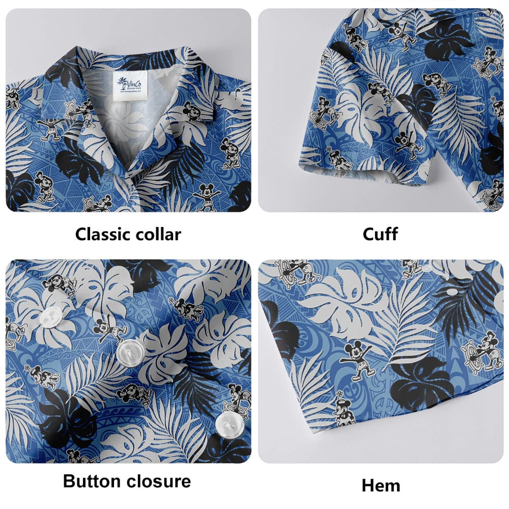 Vintage Mickey Steamboat Willie Tropical Leaves Blue Hawaiian Button Up Shirt