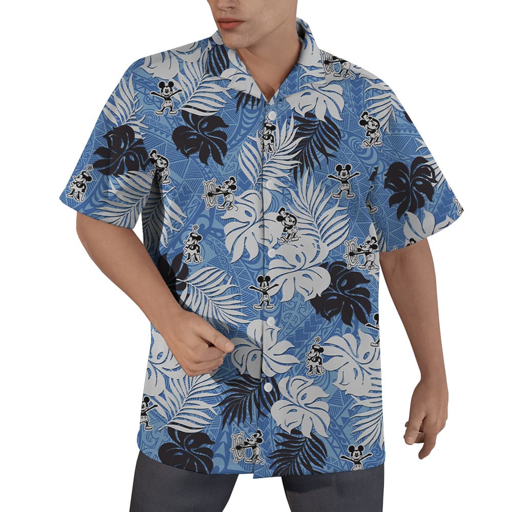 Vintage Mickey Steamboat Willie Tropical Leaves Blue Hawaiian Button Up Shirt (2)