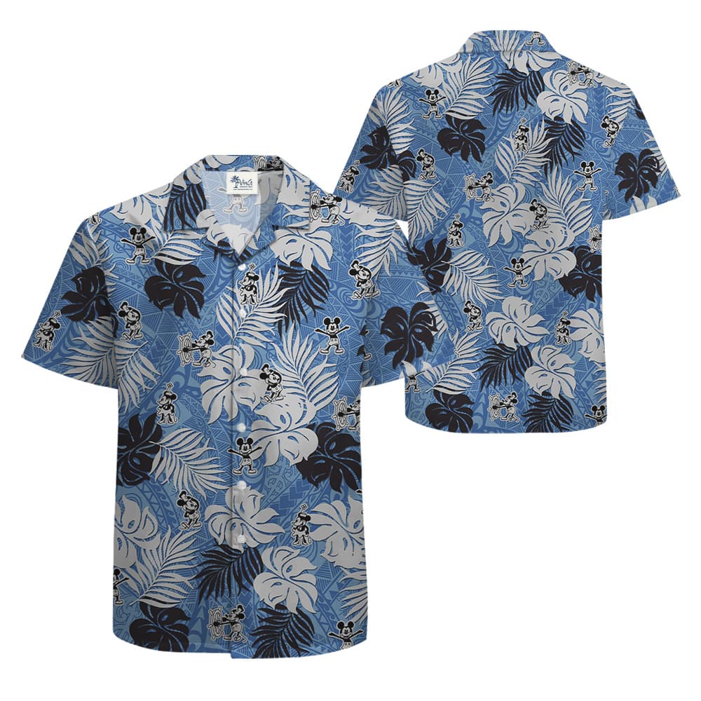 Vintage Mickey Steamboat Willie Tropical Leaves Blue Hawaiian Button Up Shirt