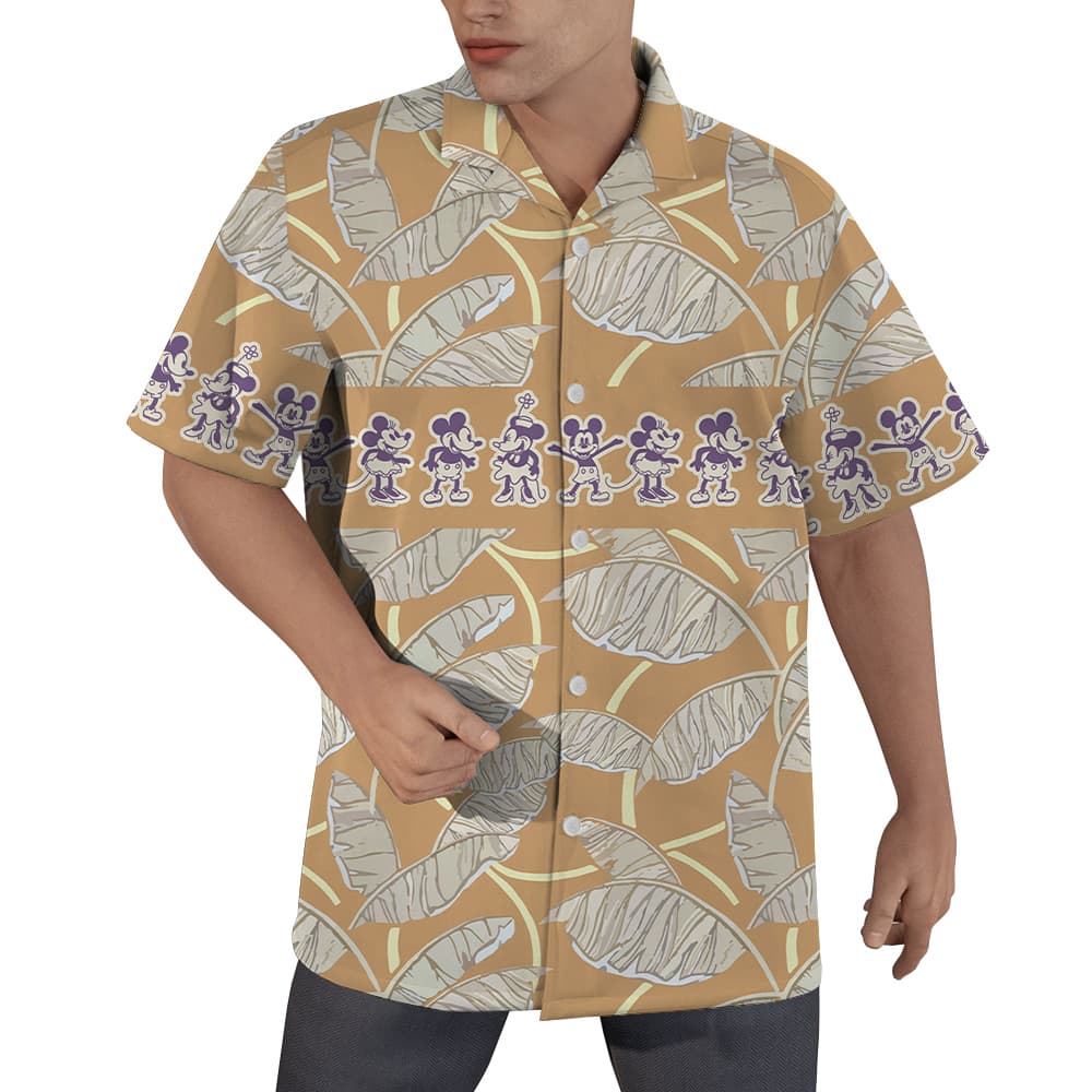 Vintage Mickey Steamboat Willie Tropical Leaves Brown Hawaiian Shirt