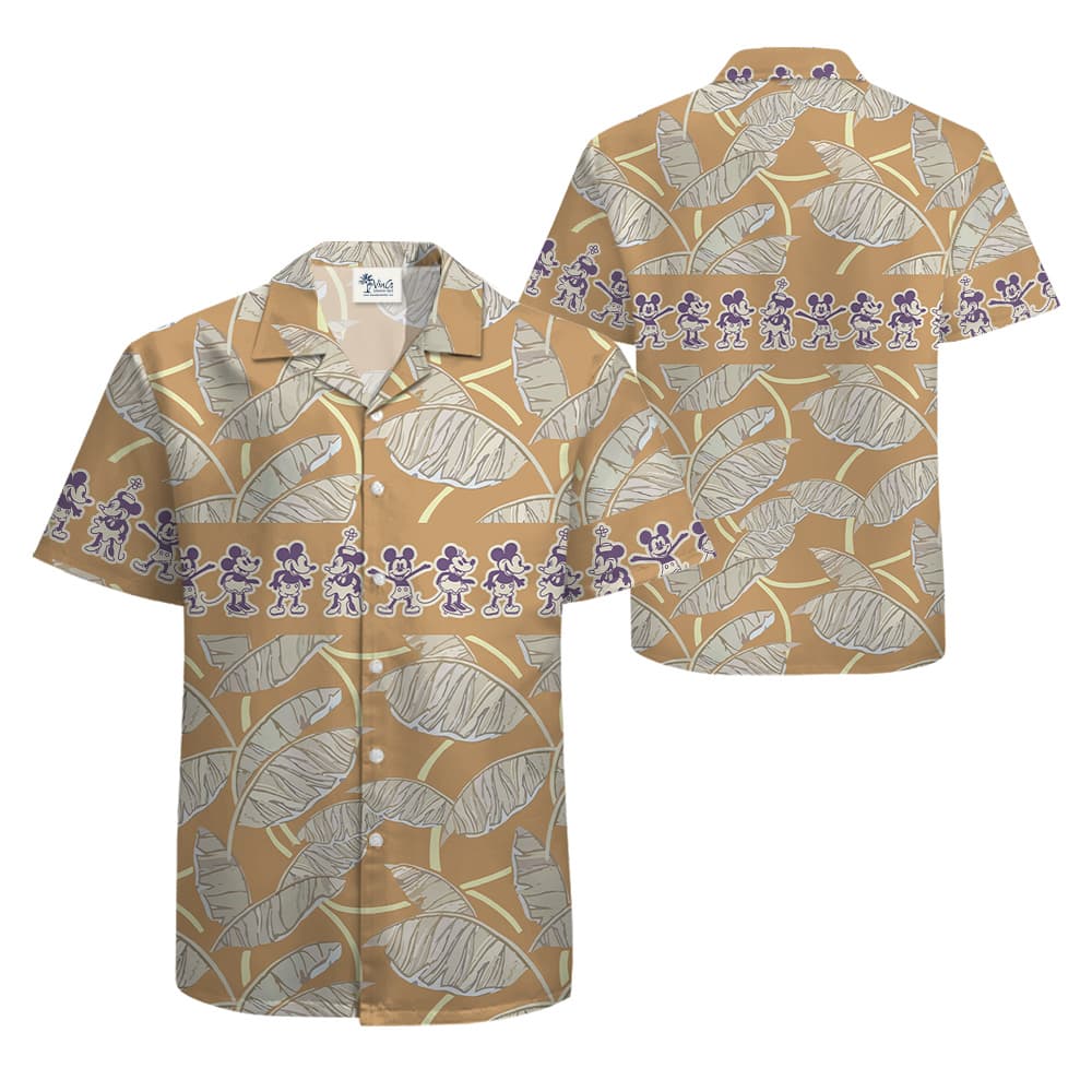 Vintage Mickey Steamboat Willie Tropical Leaves Brown Hawaiian Shirt