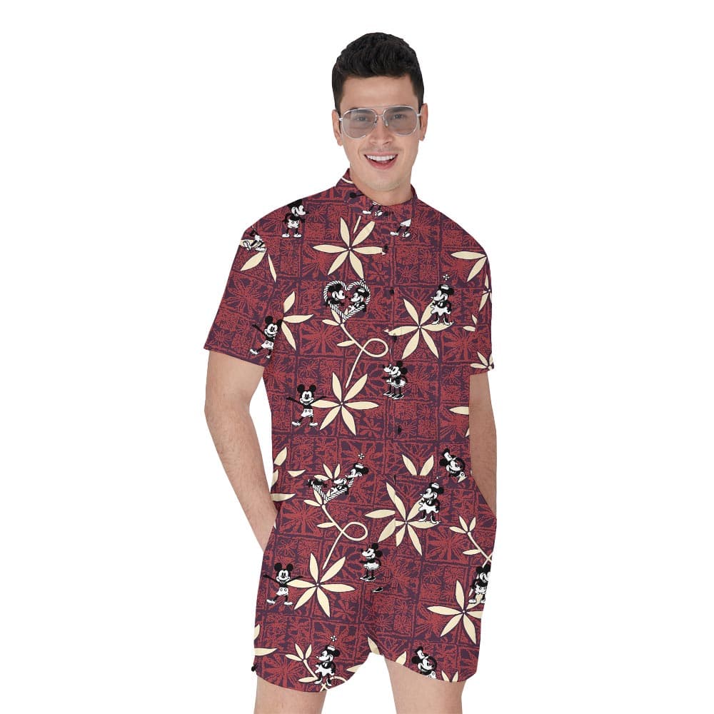 Vintage Red Aloha Men's Romper With Mickey Steamboat Willie