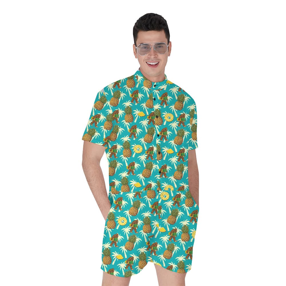Vintage Sasquatch Pineapple Palm Tree Men's Hawaiian Romper