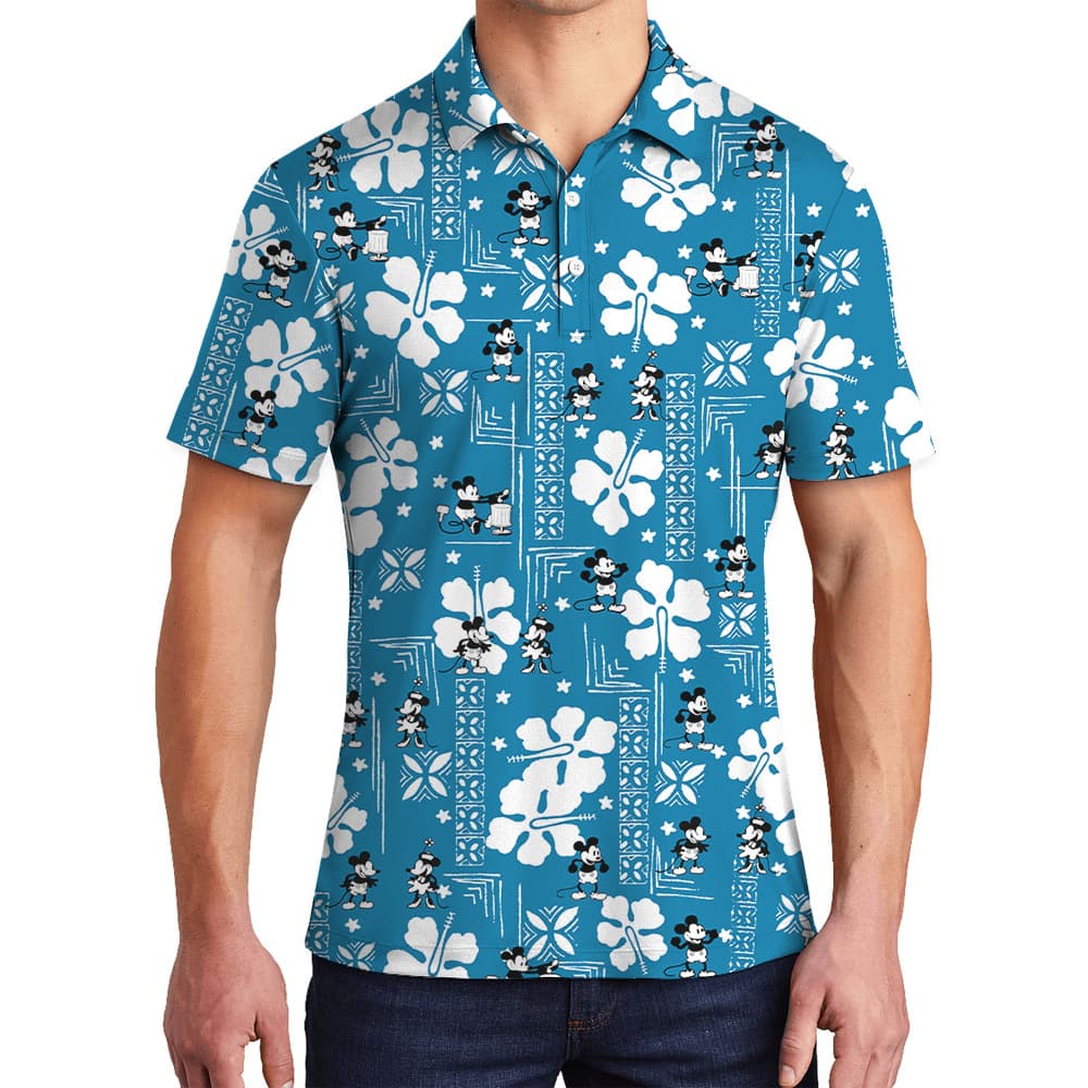 Vintage Steamboat Willie Mickey Mouse Hibiscus Blue Men's Hawaiian Polo Shirt