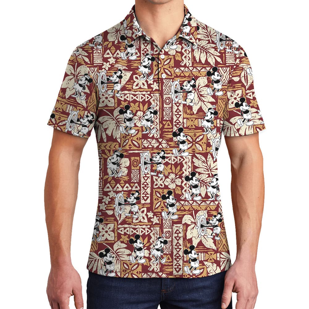 Vintage Steamboat Willie Mickey Tapa Hawaiian Polo Shirt