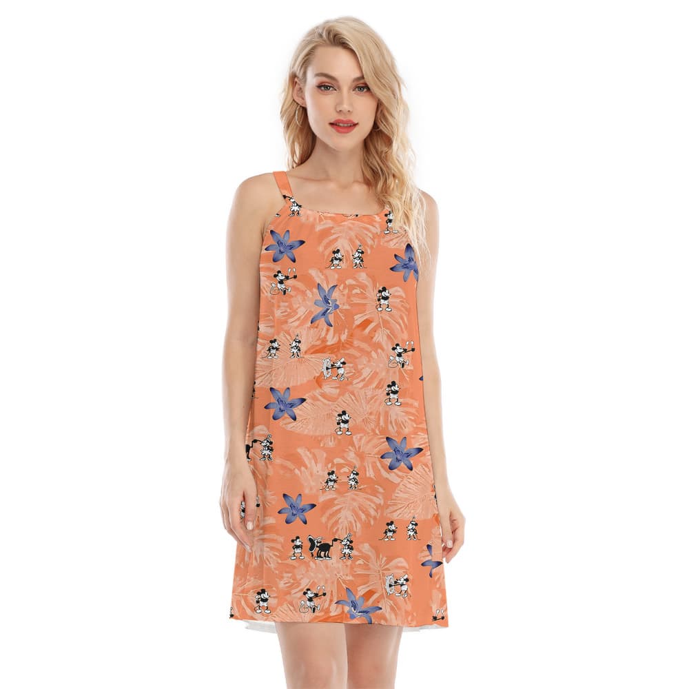 Vintage Steamboat Willie Mickey Tropical Orange Aloha Cami Dress