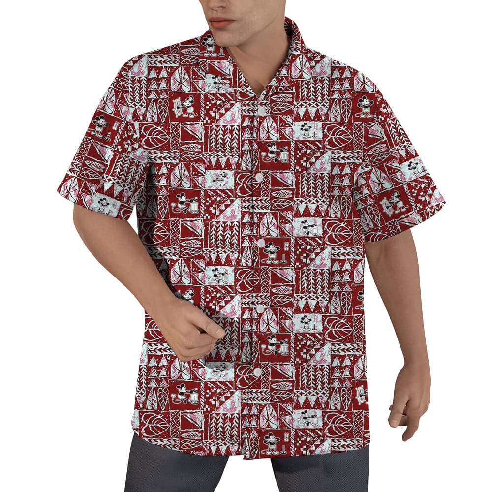 Vintage Tapa Pattern Steamboat Willie Mickey Red Hawaiian Button Up Shirt (1)