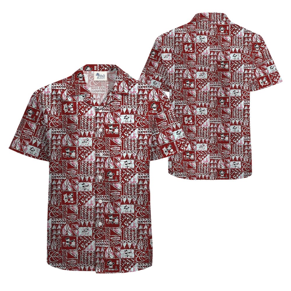 Vintage Tapa Pattern Steamboat Willie Mickey Red Hawaiian Button Up Shirt