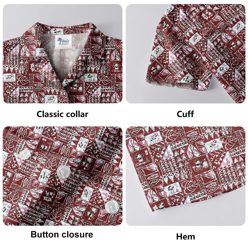 Vintage Tapa Pattern Steamboat Willie Mickey Red Hawaiian Button Up Shirt