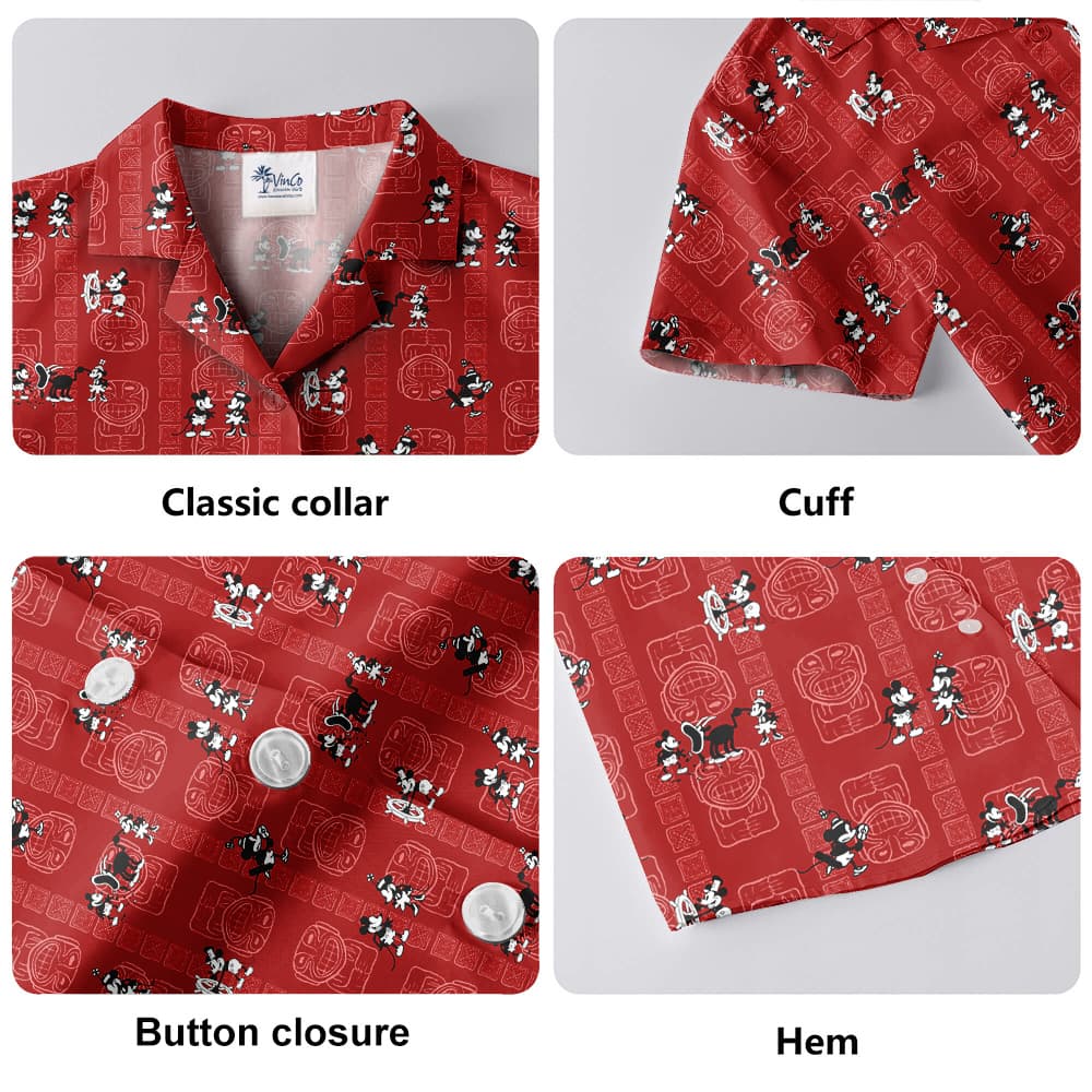 Vintage Tiki Steamboat Willie Mickey Red Hawaiian Shirt