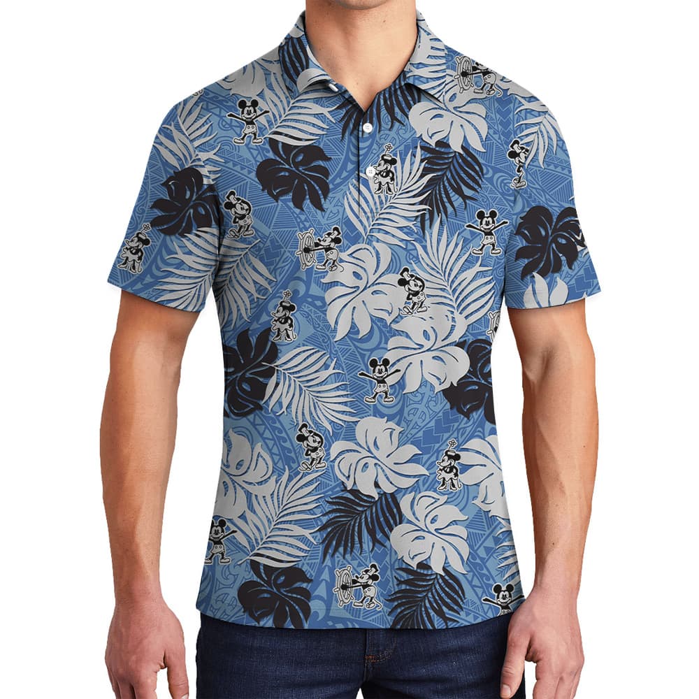 Vintage Tropical Leaves Steamboat Willie Mickey Blue Hawaiian Polo Shirt