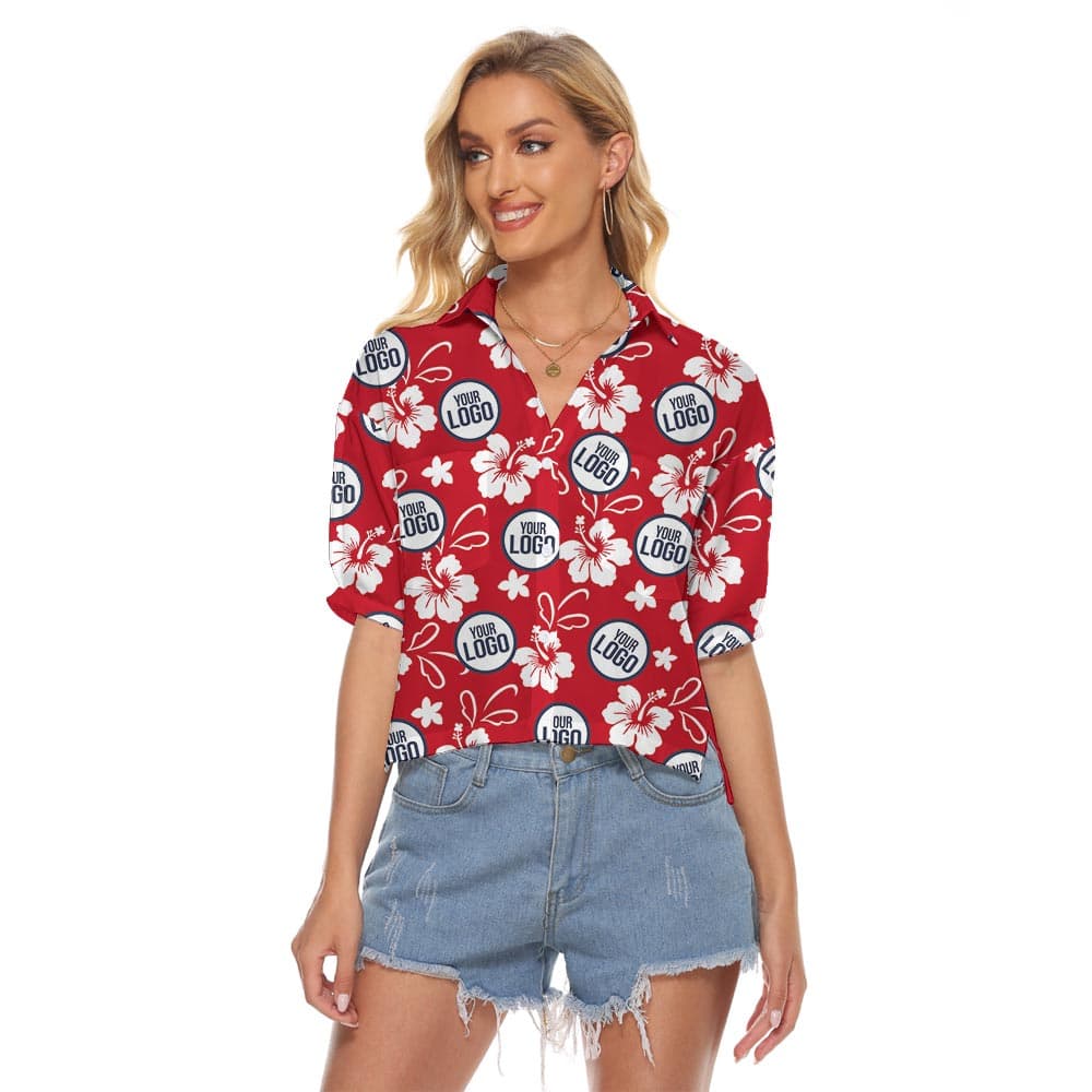 A women's crop top shirt with hibiscus on red theme, custom logo for team clothing