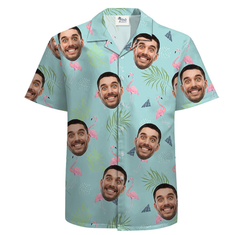 100% Cotton Button Up Men Shirt, Custom Face, Flamingo, Light Blue2