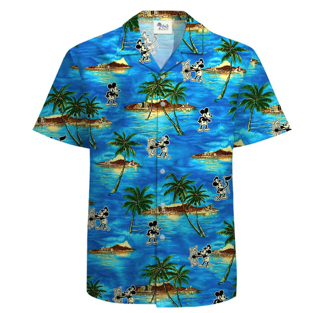A Short Sleeve Hula Shirt with Mickey 1928 in Blue Ocean Island Pattern