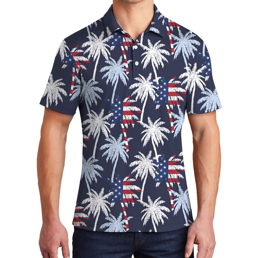 4th Of July Tropical Palm Tree Navy Men's Polo Shirt