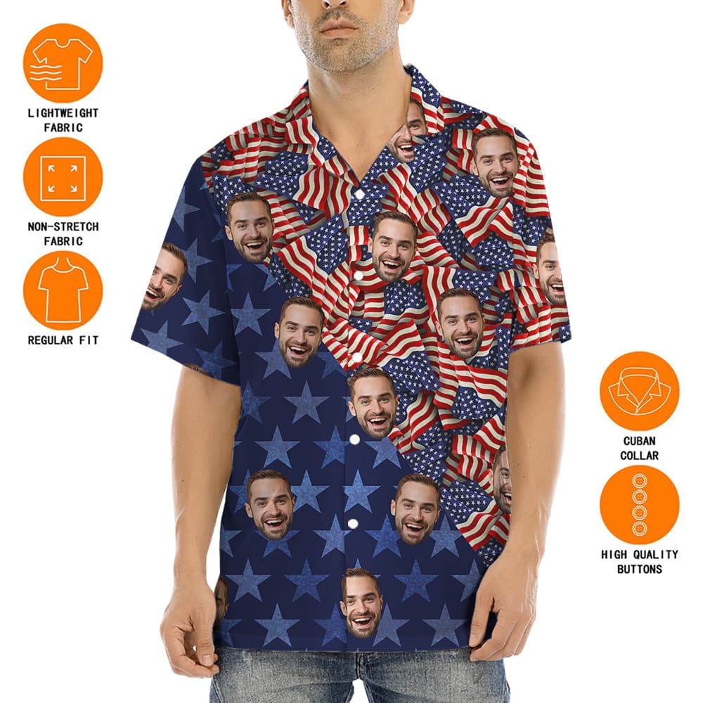 American Flag 4th Of July Men's Hawaiian Shirt With Custom Face