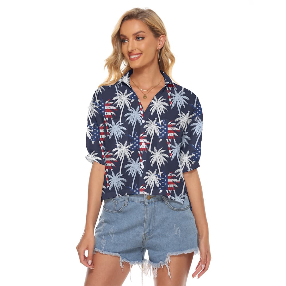 American Flag Tropical Palm Tree Blue Women's Cropped Shirt