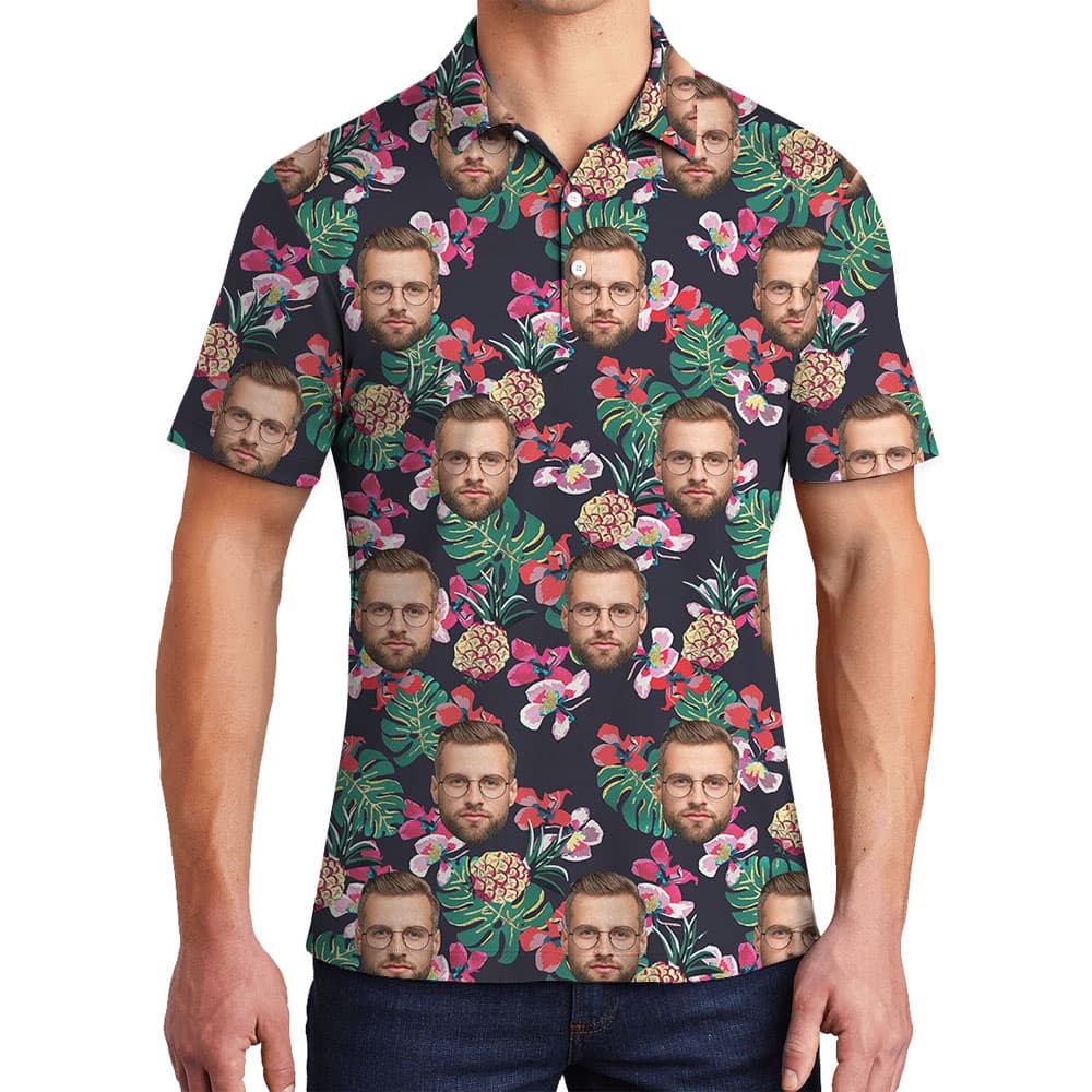 Black Pineapple Collared Polo Shirt With Faces1