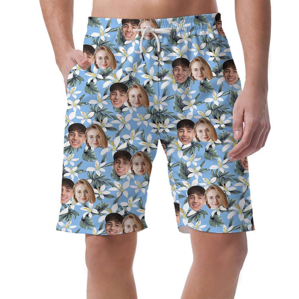 Blue And White Custom Men's Beach Shorts With Faces4
