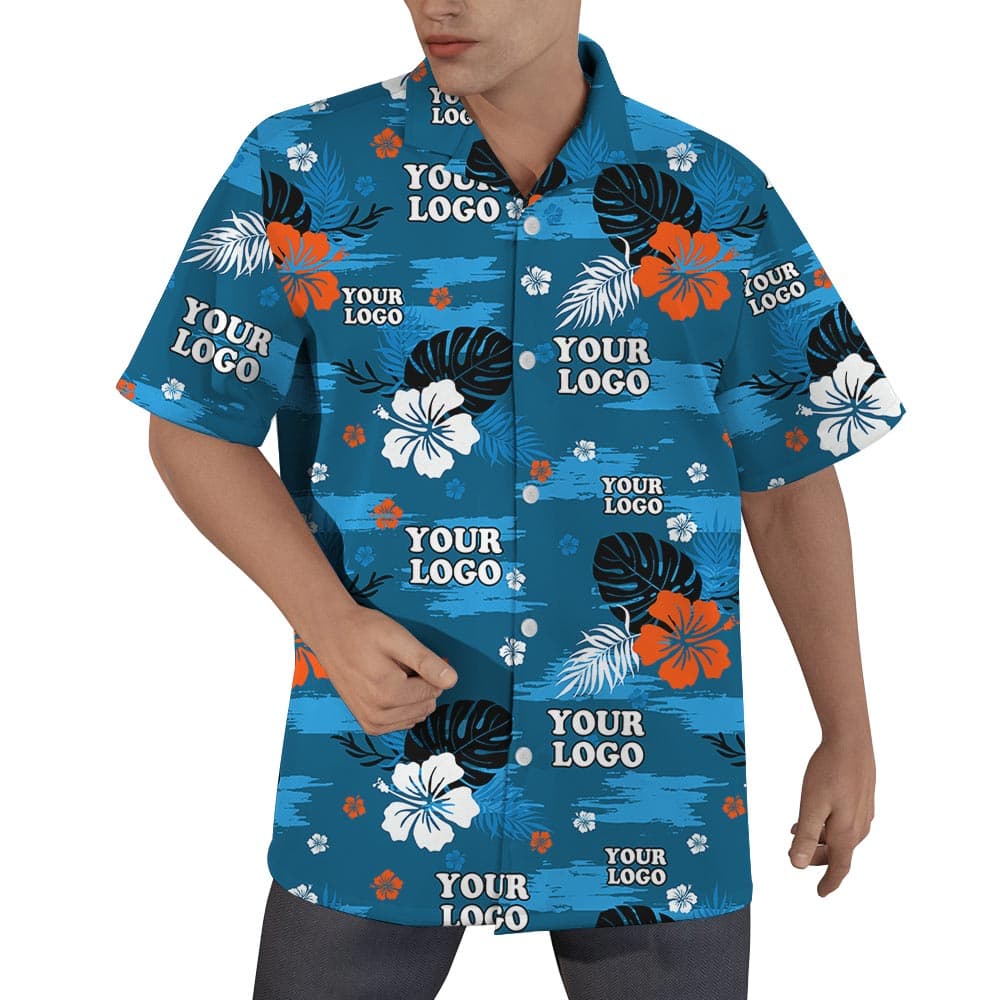 Custom Hawaiian Shirt With Company Logo, Blue color and beach pattern