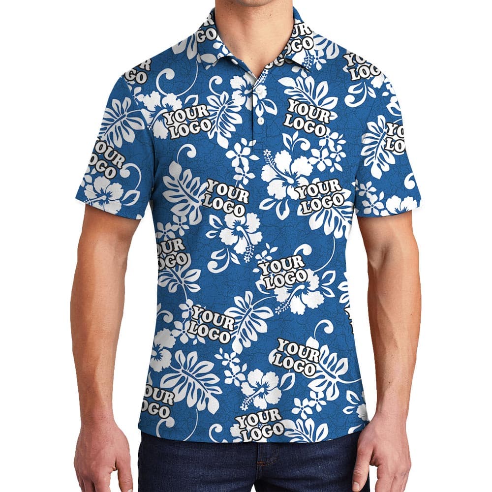Blue Custom Logo Hawaiian Polo Golf Shirt For Men has a beautiful blue tropical print
