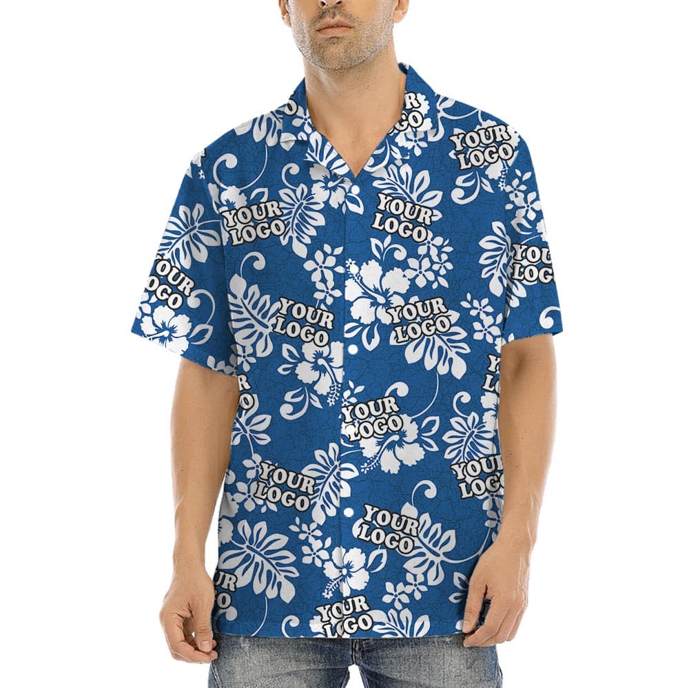 Blue Custom Logo Hawaiian Shirt No Minimum For Company has a beautiful tropical print with hibiscus and tropical leaves, is a button up shirt style with short sleeves and camp collar