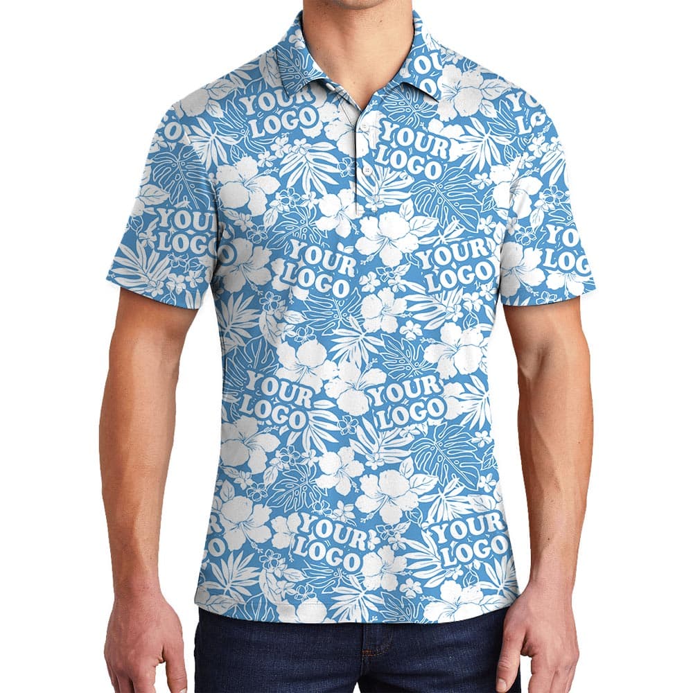 Blue Custom Men's Polo Golf Shirt With Logo has an outstanding blue tropical print with hibiscus and custom multiple logo on it, with collared style and short sleeves