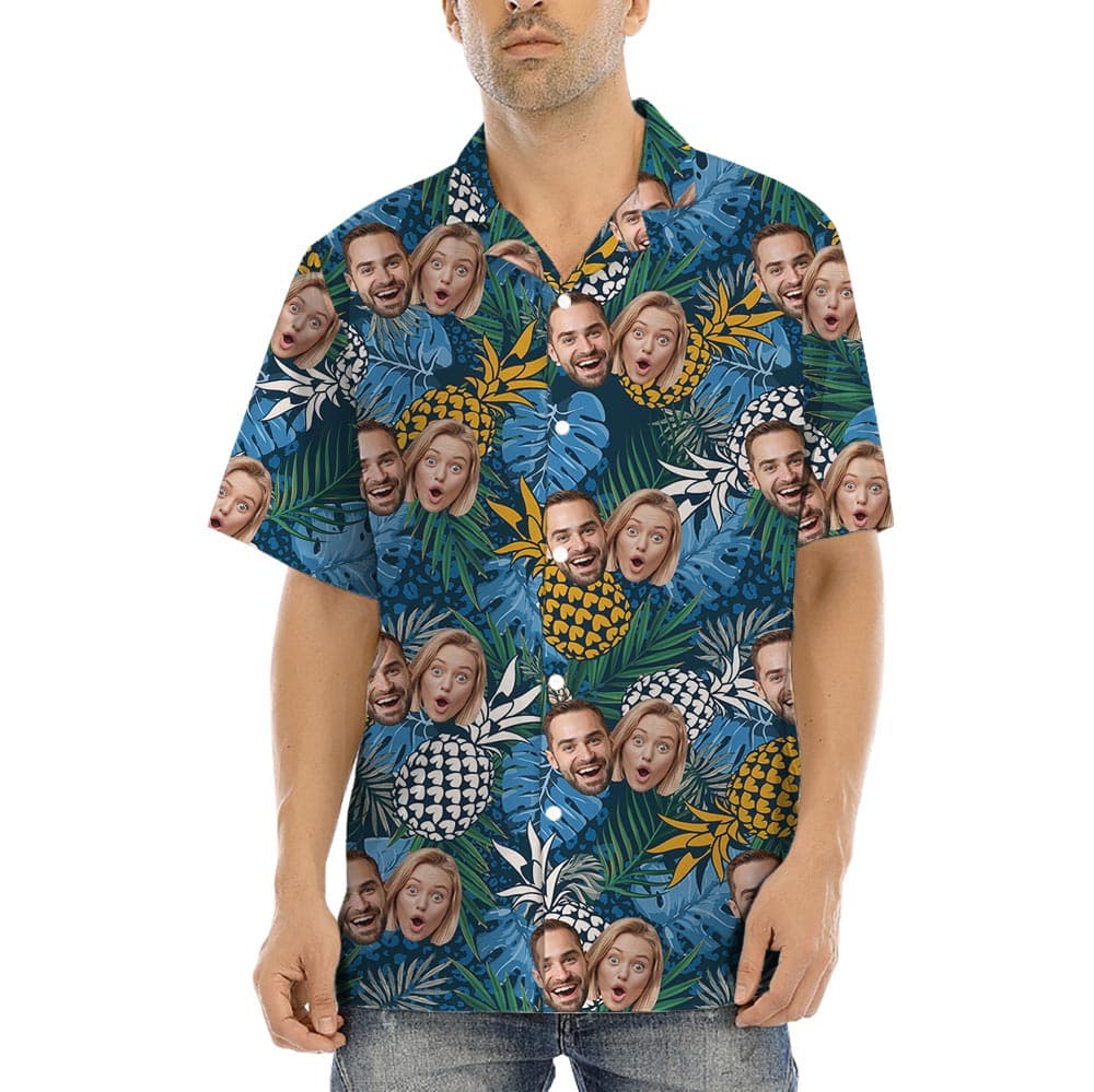 Blue Custom Pineapple Tropical Men's Shirt With 2 Faces has a tropical print with pineapple, tropical leaves and custom multiple faces on the shirt