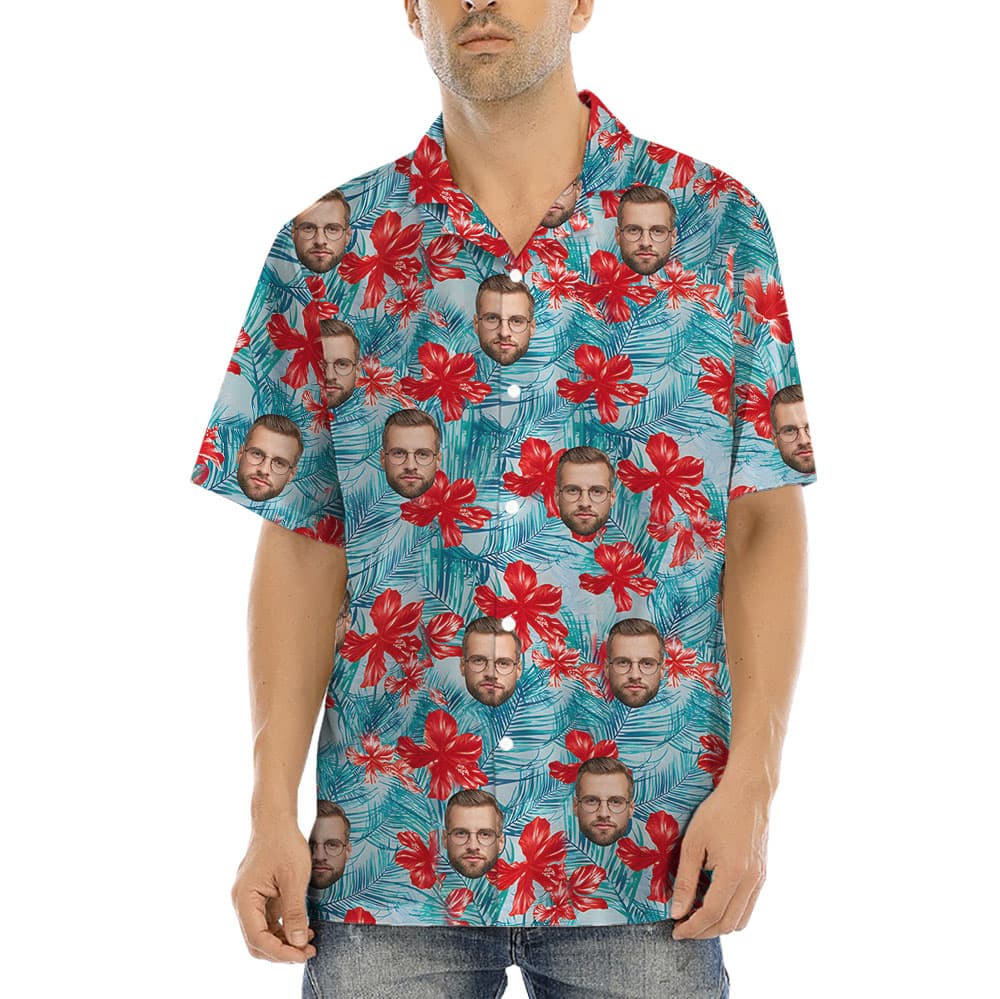 Blue Floral Short Sleeve Hawaiian Shirt With Faces