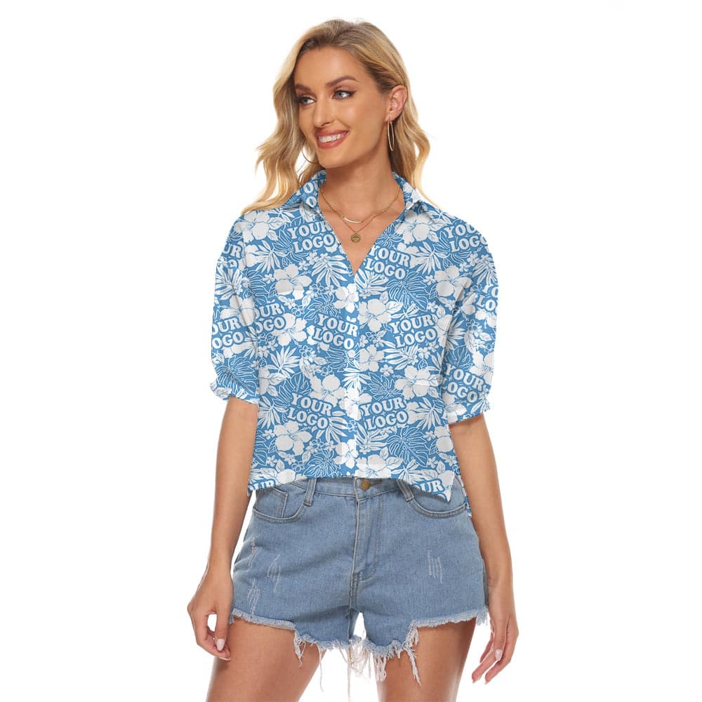 Blue Hawaiian Crop Top With Custom Logo For Women has a beautiful Hawaiian pattern with hibiscus, blue tropical background with short sleeves and button closure of cropped style