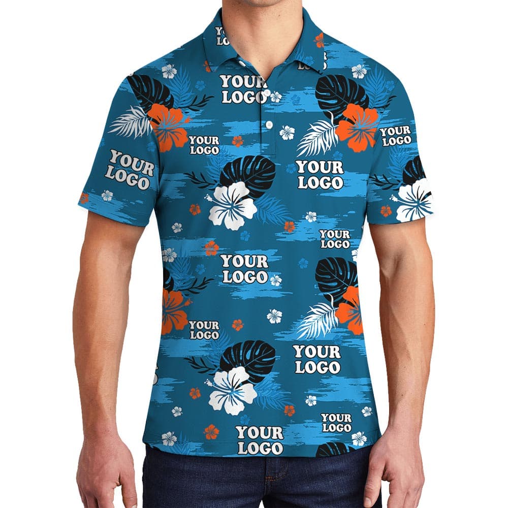 Blue Island Hawaiian Polo Shirt For Men Custom Logo has a beautiful Hawaiian print with orange hibiscus and customizable logo, has a collared polo style