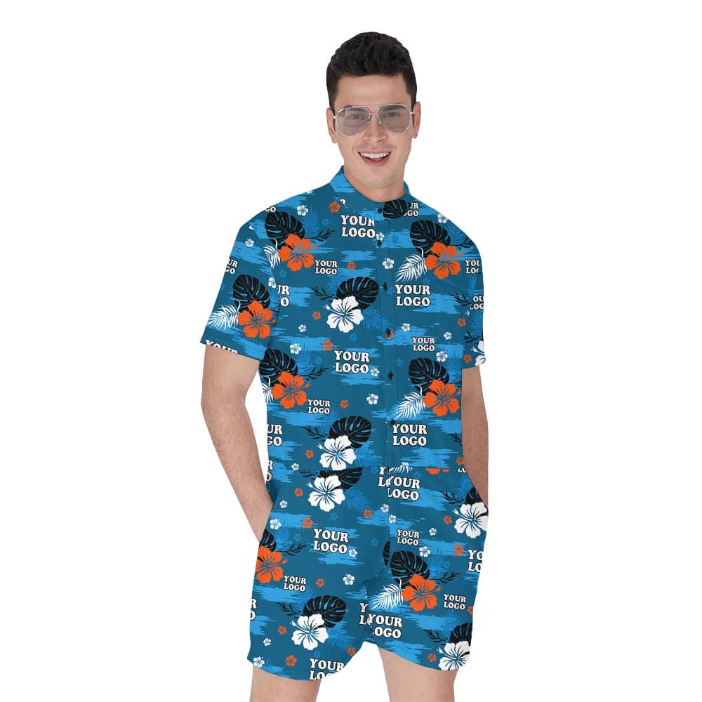 Blue Island Men's Romper With Custom Face has a Hawaiian print with custom logo print on Island pattern, romper with short sleeves and button closure