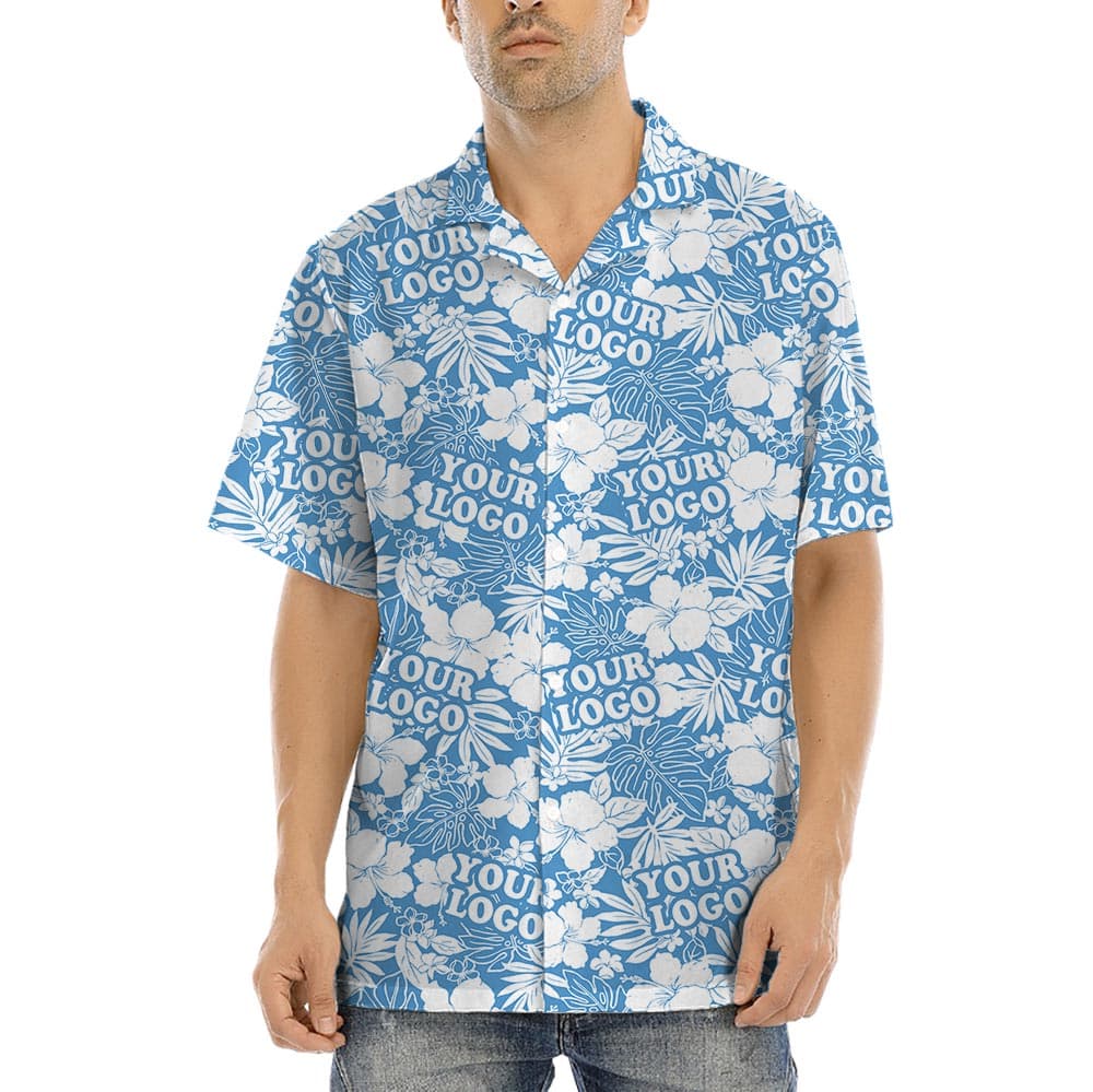 Blue Matching Hawaiian Shirt For Team With Custom Logo has a beautiful tropical print with hibiscus and custom logo options, the shirt is a button up style with short sleeves, spread collar