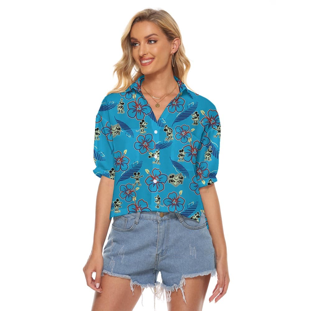 Blue Mickey Minnie Crop Top Hawaiian Shirt Women (1)