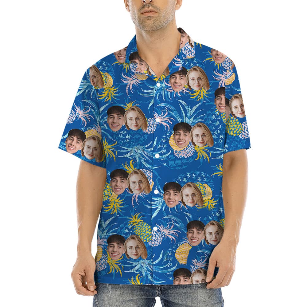 Blue Pineapple Hawaiian Shirt With Custom 1-4 Faces