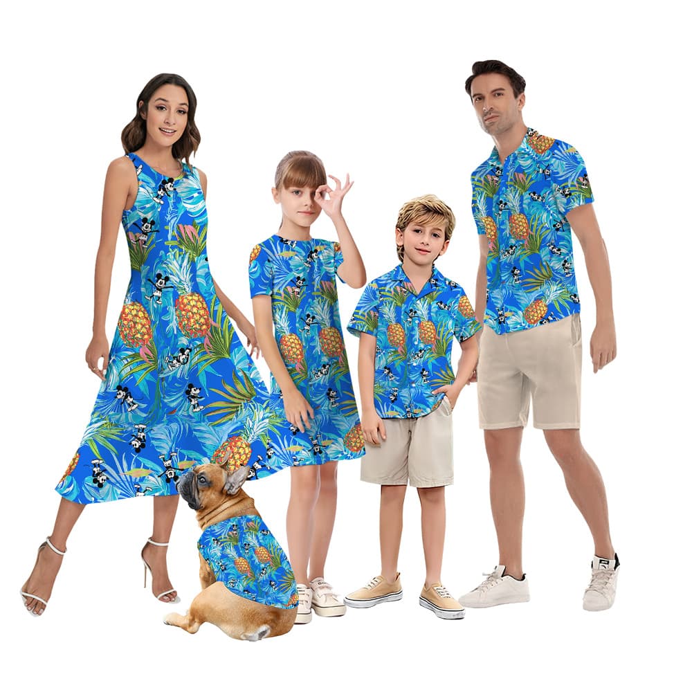 Blue Pineapple Mickey Steamboat Willie Family Matching Hawaiian Outfits