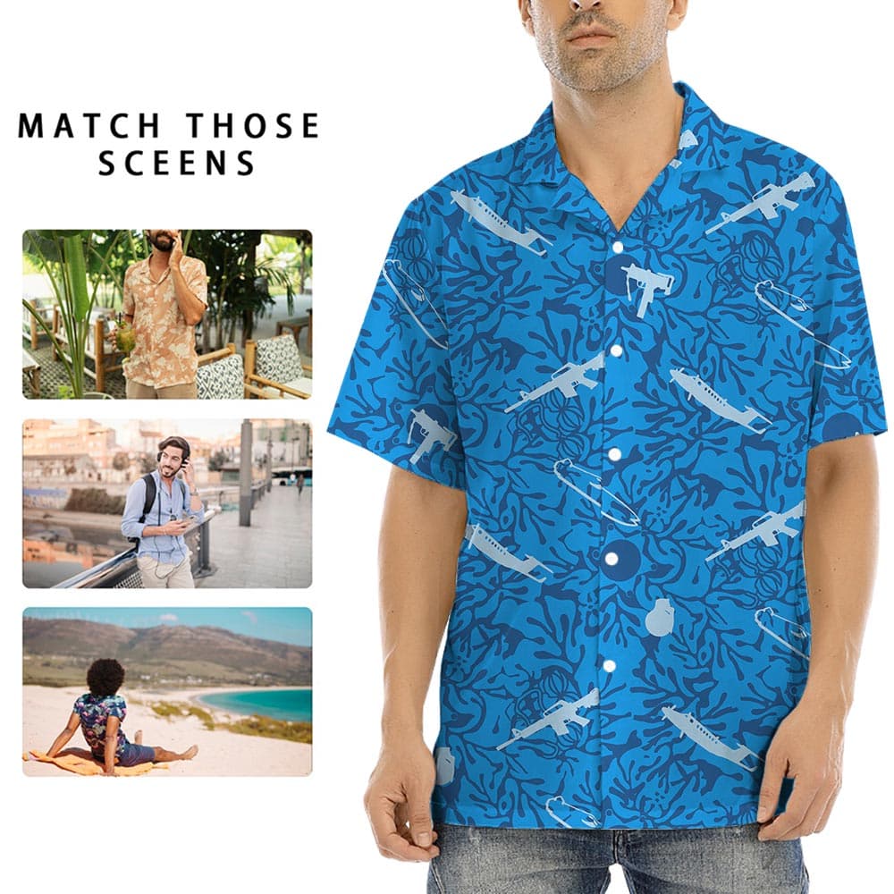 Blue Tactical Short Sleeved Hawaiian Shirt For Men