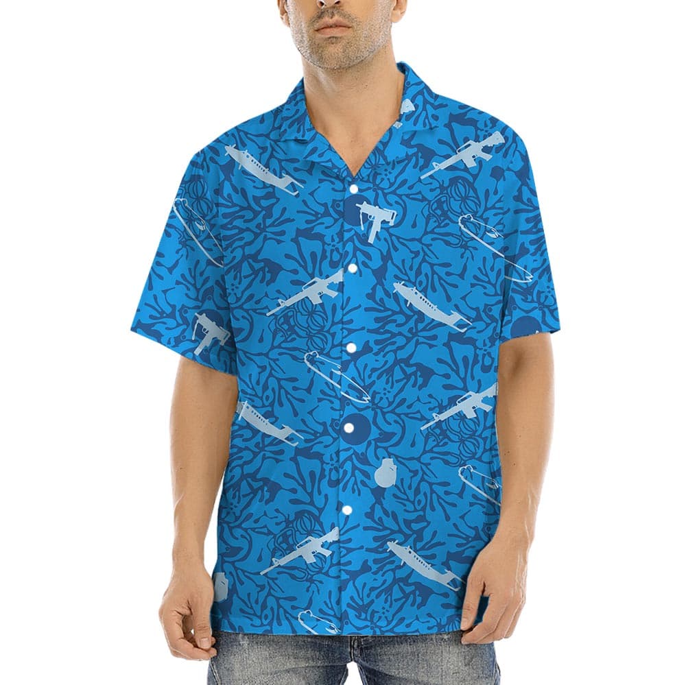 Blue Tactical Short Sleeved Hawaiian Shirt For Men has a interesting tropical print in blue, with tactical images, the button up shirt style with short sleeves and spread collar