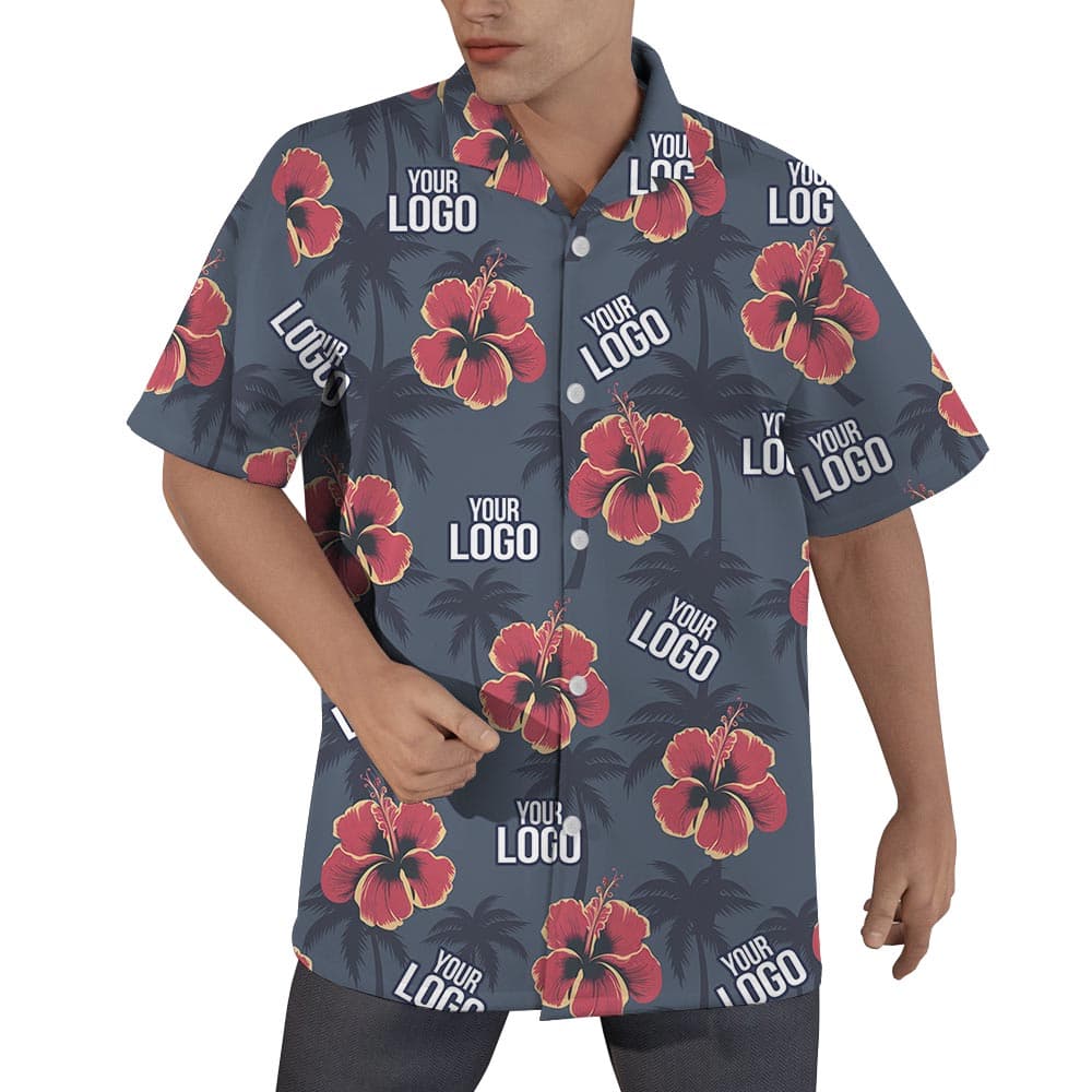 A Custom Logo Hawaiian Shirt with navy color, red hibiscus, palm tree and you can custom your logo on it