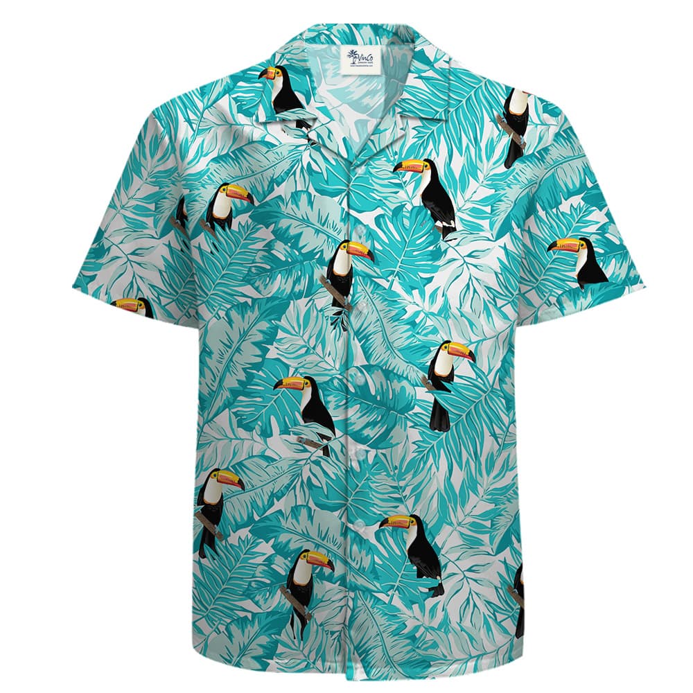 A Button Up Men's Shirt with Parrots on Blue Tropical Leaves Theme